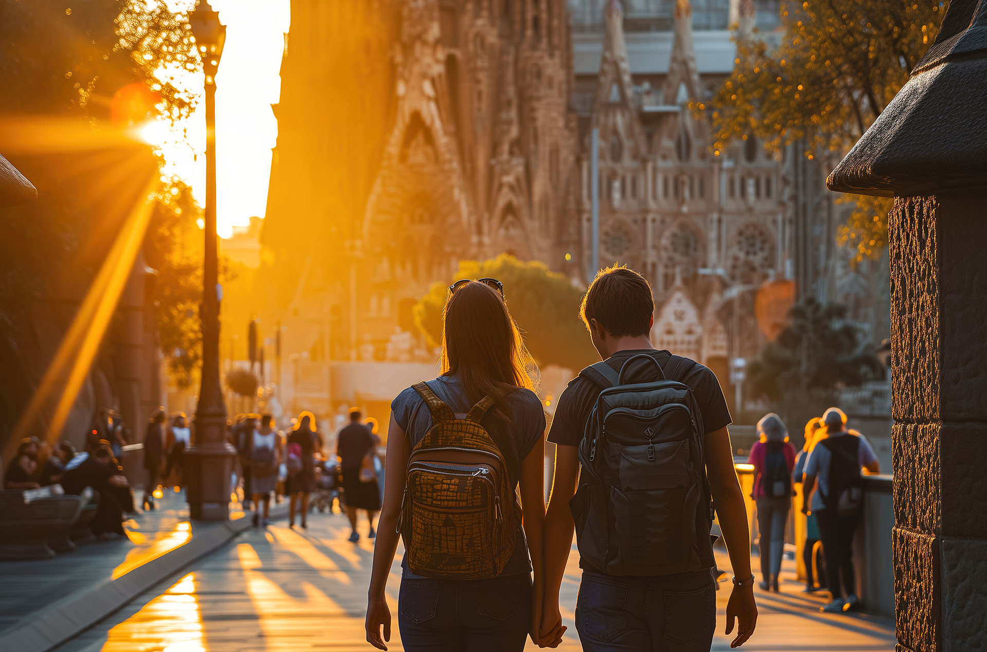 Couple near the Sagrada Familia at sunset